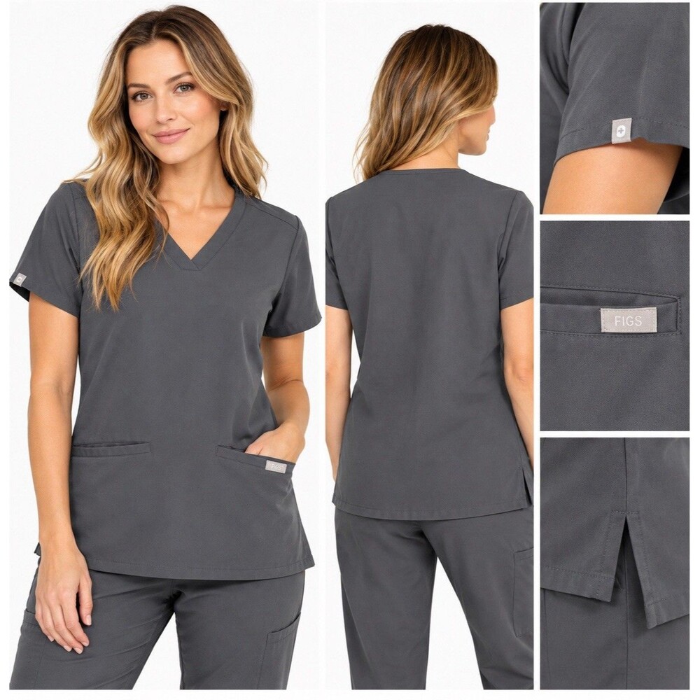 FIGS Casma Scrub Top Women Charcoal Gray Technical Collection V Neck Medium